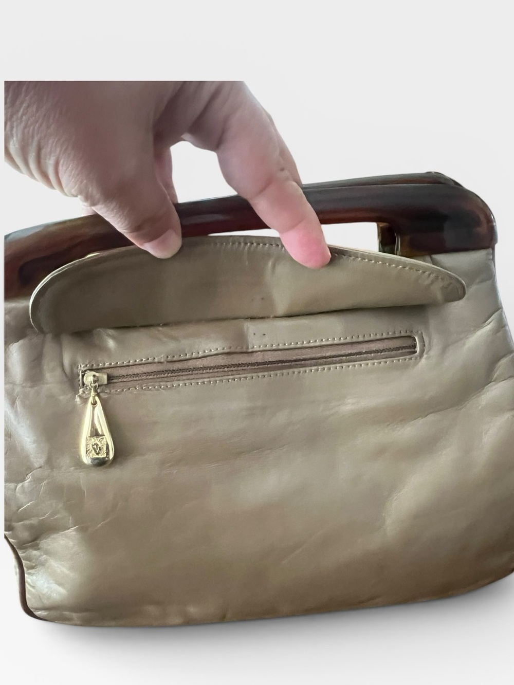 Anne Klein for Calderon Taupe Leather Clutch Tortoise Handle Vintage Purse - Picture 5 of 13